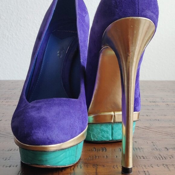 Brian Atwood Blue Suede Colorblock Fontanne Platform Pumps 7.5 Gold aqua green - Picture 3 of 11